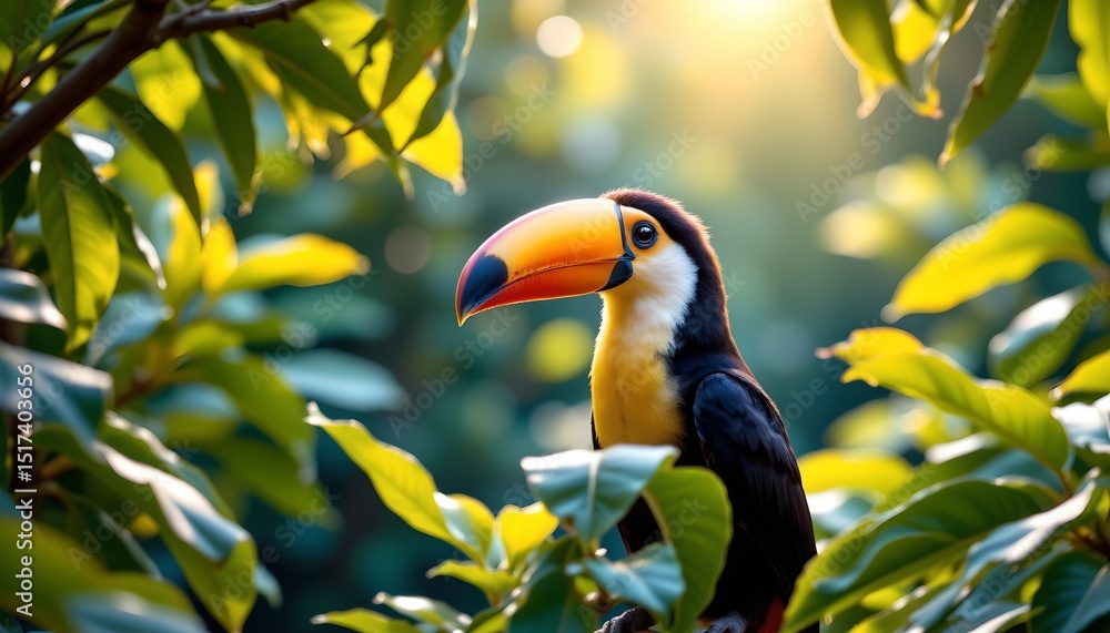 Obraz premium a tropical parrot perched in a lush green leafy plant, with a blurred background suggesting a warm climate