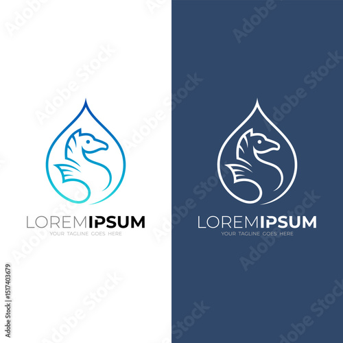 logo of water droplets and a blue seahorse, line style logos