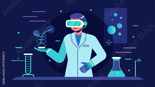 Future of Longevity A futuristic lab setting with holographic DNA sequences being manipulated by a scientist in augmented reality gear suggesting advanced research technologies.