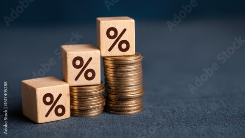 Wooden blocks with percentages next to stacks of coins symbolize finance and investment growth.