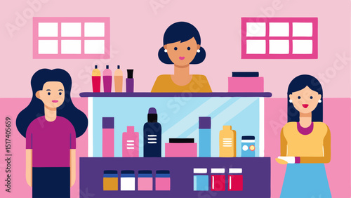 Cosmetic Shop A bright cosmetic shop with makeup and skincare products in elegant displays customers trying products at beauty stations amidst promotional signs.