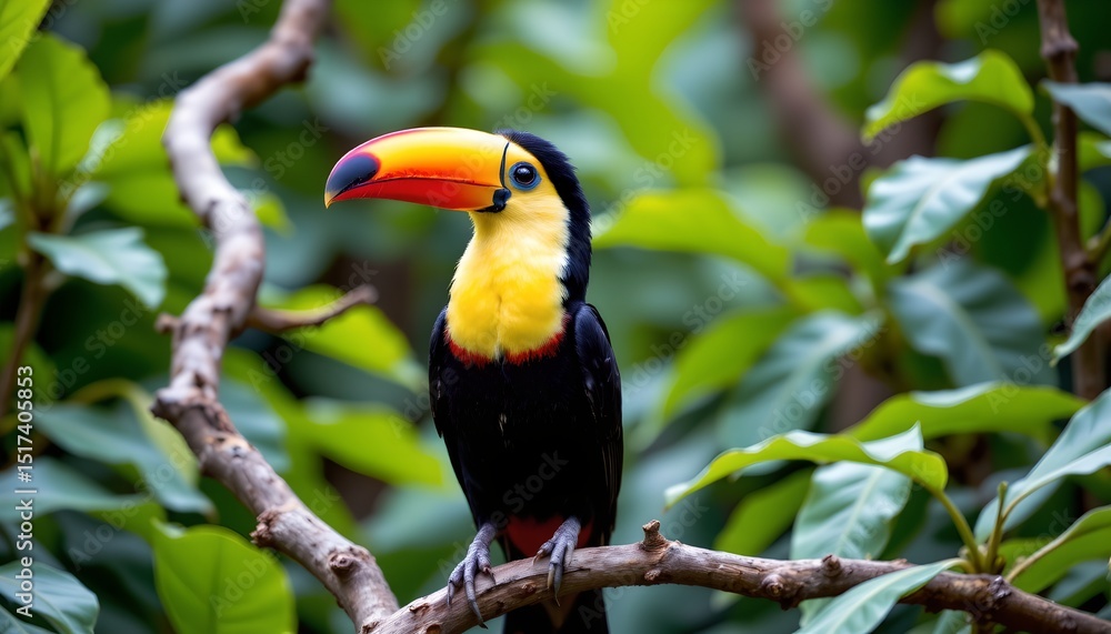 Naklejka premium a vibrant toucan perched on a branch. its vivid yellow feathers contrast with its distinctive red beak and black eyes, making it a striking focal point in the frame