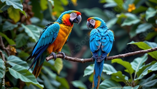 Fototapeta Naklejka Na Ścianę i Meble -  two colorful parrots perched together on a branch in an outdoor environment, possibly a lush green jungle area with trees and foliage surrounding them