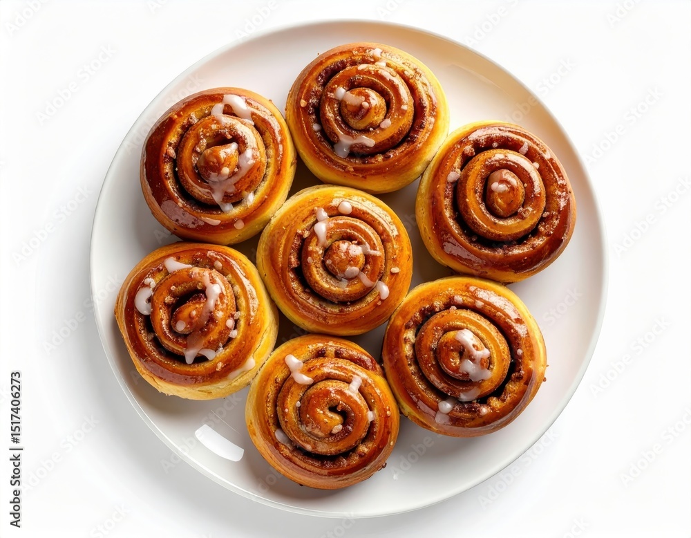 Fototapeta premium A plate of seven delicious cinnamon rolls topped with a sweet glaze is presented on a white background for a delectable bakery image.