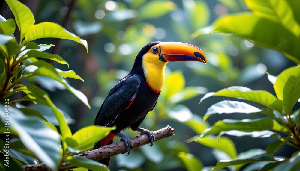 Obraz premium there is a vibrant toucan perched on a branch in what appears to be a tropical environment. the bird is facing towards its right, as we view it