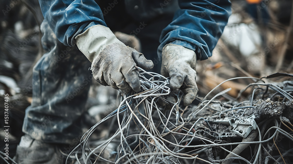 Obraz premium Worker Sorting Tangled Wires in a Recycling Yard