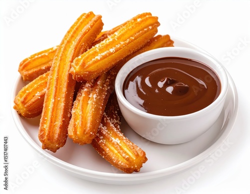 Delicious golden brown churros dusted with sugar served with a rich decadent bowl of melted chocolate dipping sauce on a white plate.