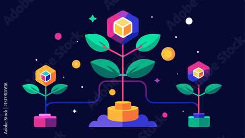 Blockchain Ecosystem A colorful ecosystem of blockchain elements in harmony with smart contracts illustrated as plantlike structures growing and thriving in the absence of human