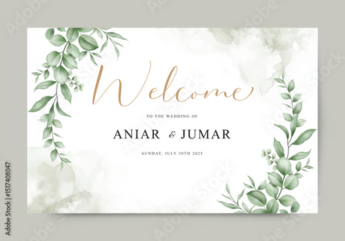 Wedding invitation card template welcome sign set watercolor leaves