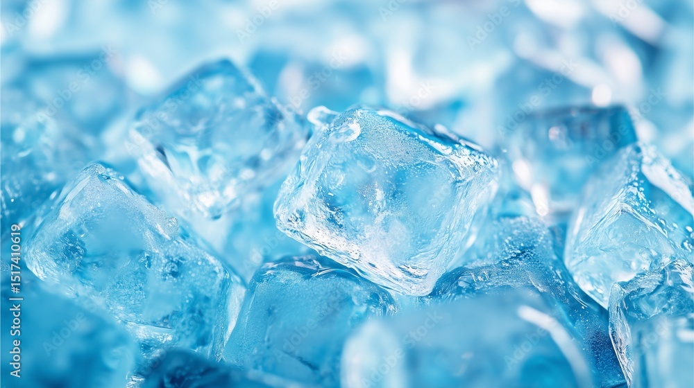 Ice Cubes Close Up: Crystal clear ice cubes shimmer with a cool, refreshing blue hue, creating an enticing and visually appealing image perfect for summer drinks or cold beverage concepts. Ice Cubes Close Up: Crystal clear ice cubes shimmer with a cool, refreshing blue hue, creating an enticing and visually appealing image perfect for summer drinks or cold beverage concepts.