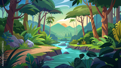 Serene Jungle Landscape. Tropical Forest River Scene at Sunrise