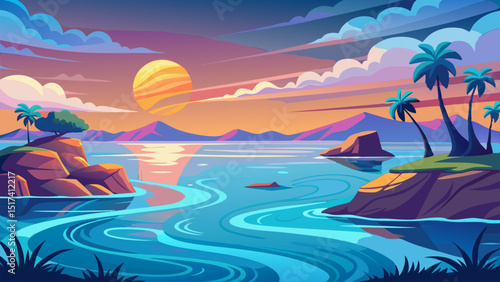 Sunset over Tropical Island Paradise. Vibrant Landscape