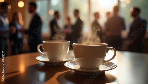 Two cups of coffee on table with blurred business people in background