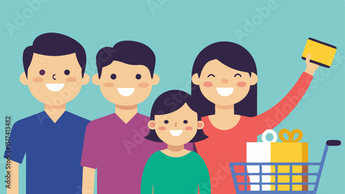 A family with mixed ages takes a selfie together in the store grinning broadly beside their cart full of picked goodies. Sale posters adorn the walls adding to the cheerful