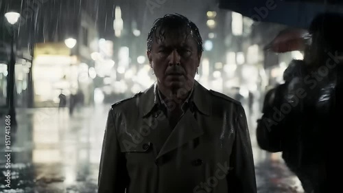 Mature Man Walking Alone in Rain on City Street at Night with Dramatic Lighting and Reflections