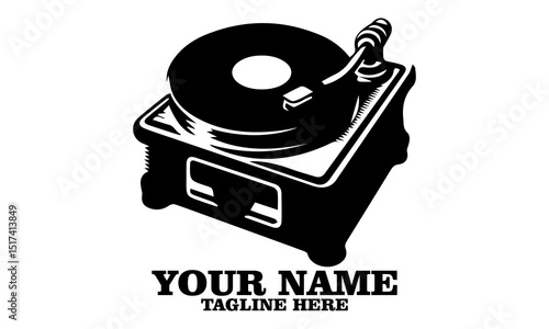Illustration of a classic turntable and record player vector design and logo icon with white background