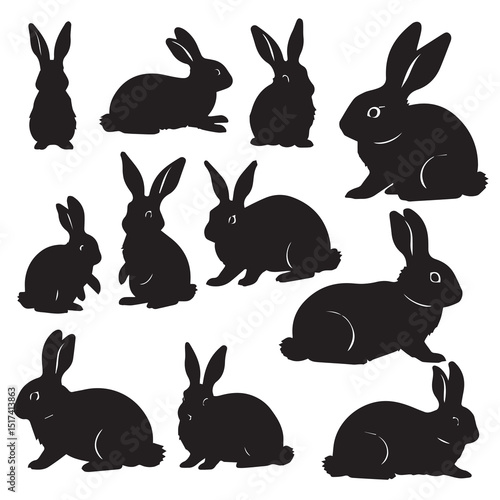 Silhouette of various rabbits in different poses against a plain white background. Silhouette of rabbits in various poses for illustration or graphic design use.