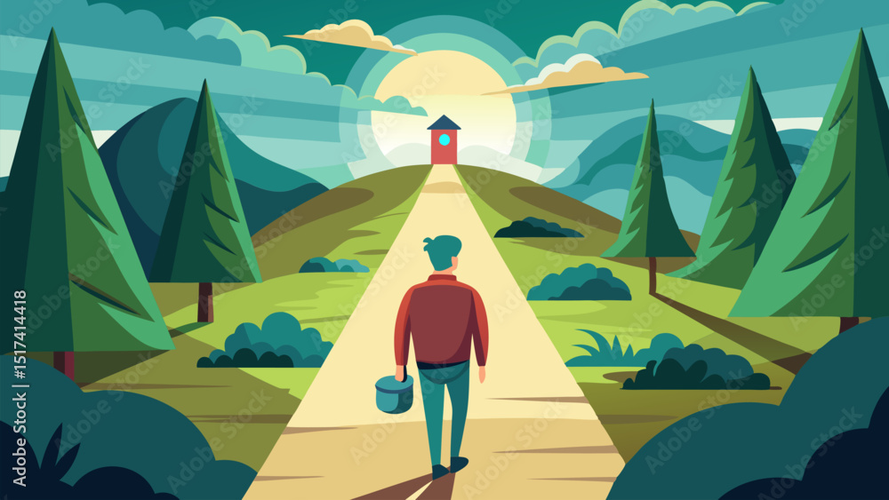 Obraz premium A Man's Journey Through Nature. Walking Towards a Distant House