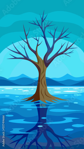 Submerged Winter Tree. A Serene Blue Landscape