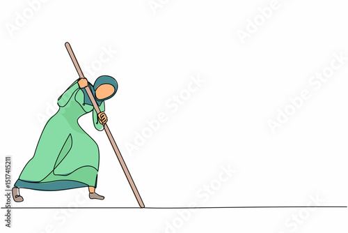 Continuous one line drawing Arab businesswoman mark goal with arrow. Woman holding arrow, hits target on ground. Achieving goal. Focus marketing target strategy. Single line draw design vector graphic
