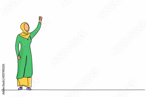 Continuous one line drawing Arabian businesswoman executive celebrate her successful, raising hands with clenched fists up over head. Success and vision concept. Single line draw design vector graphic