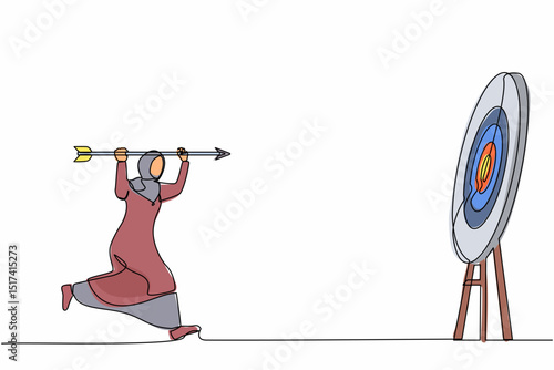 Continuous one line drawing positive ambitious Arab businesswoman point big arrow on target. Goal achievement concept. Business purpose, goal, strategy success. Single line draw design vector graphic
