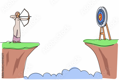 Single continuous line drawing Arabian businesswoman standing on cliff with archer in hand. Business target. Woman forced to successful. Shooting target with bow, arrow. One line graphic design vector