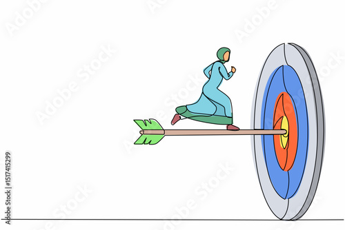 Single one line drawing ambition Arab businesswoman run to bullseye with dart. Reach target success. Business metaphor. Successful business concept. Continuous line design graphic vector illustration