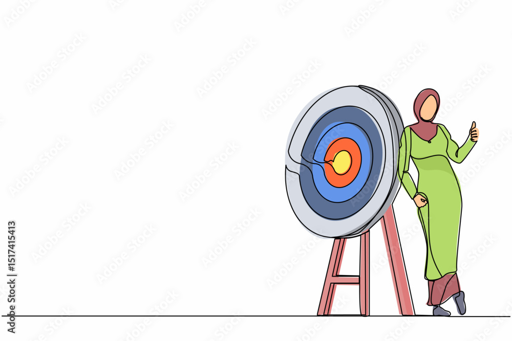 Continuous one line drawing happy Arabian businesswoman or manager is standing or leaning target with thumbs up gesture. Arrow hit target exactly. Single line draw design vector graphic illustration Continuous one line drawing happy Arabian businesswoman or manager is standing or leaning target with thumbs up gesture. Arrow hit target exactly. Single line draw design vector graphic illustration