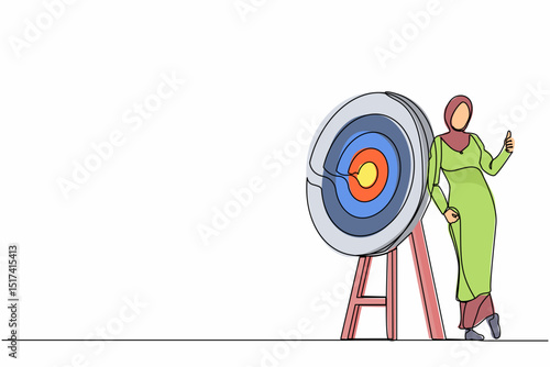 Continuous one line drawing happy Arabian businesswoman or manager is standing or leaning target with thumbs up gesture. Arrow hit target exactly. Single line draw design vector graphic illustration