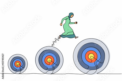 Single continuous line drawing Arabian businesswoman jumping up higher target career goals. The business next target metaphor. Planning and successful. One line draw graphic design vector illustration