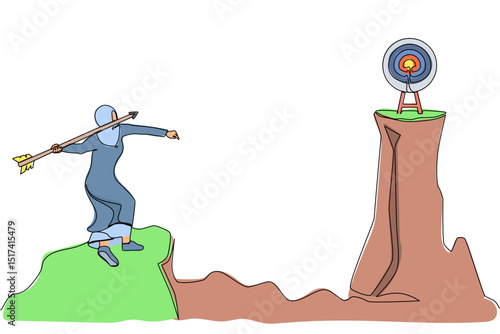 Single continuous line drawing Arab businesswoman standing on peak of cliff targeting dartboard with big arrow. Woman aiming target on cliff. Success business metaphor. One line graphic design vector