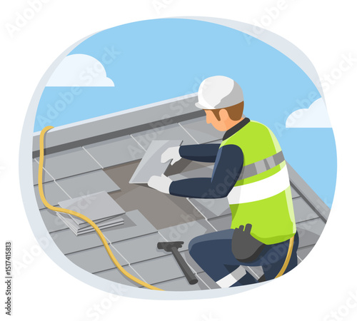 Professional roof repair service technician installing new shingles on a residential building under clear blue sky for home maintenance and safety