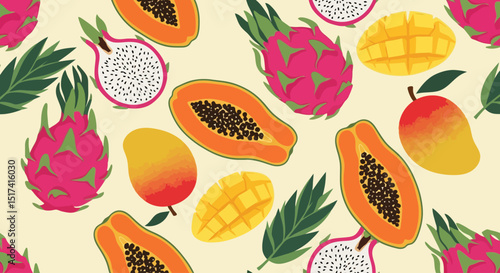 Vibrant Tropical Fruit Pattern: Dragon Fruit, Mango, and Papaya
