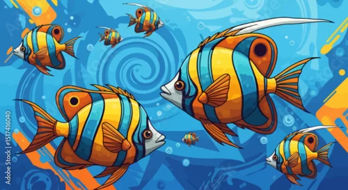 Fototapeta Animated Tropical Fish School in Ocean