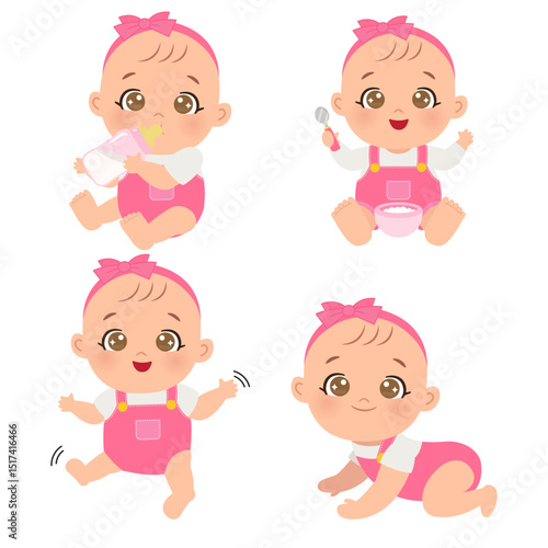 Cute baby girl activity drinking, eating, walking, crawling set clipart
