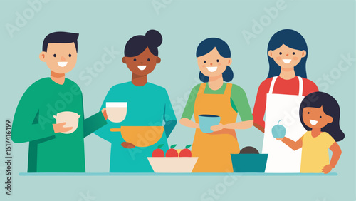 A community volunteering event where family members and friends work together to prepare meals for those in need fostering a spirit of kindness and togetherness.