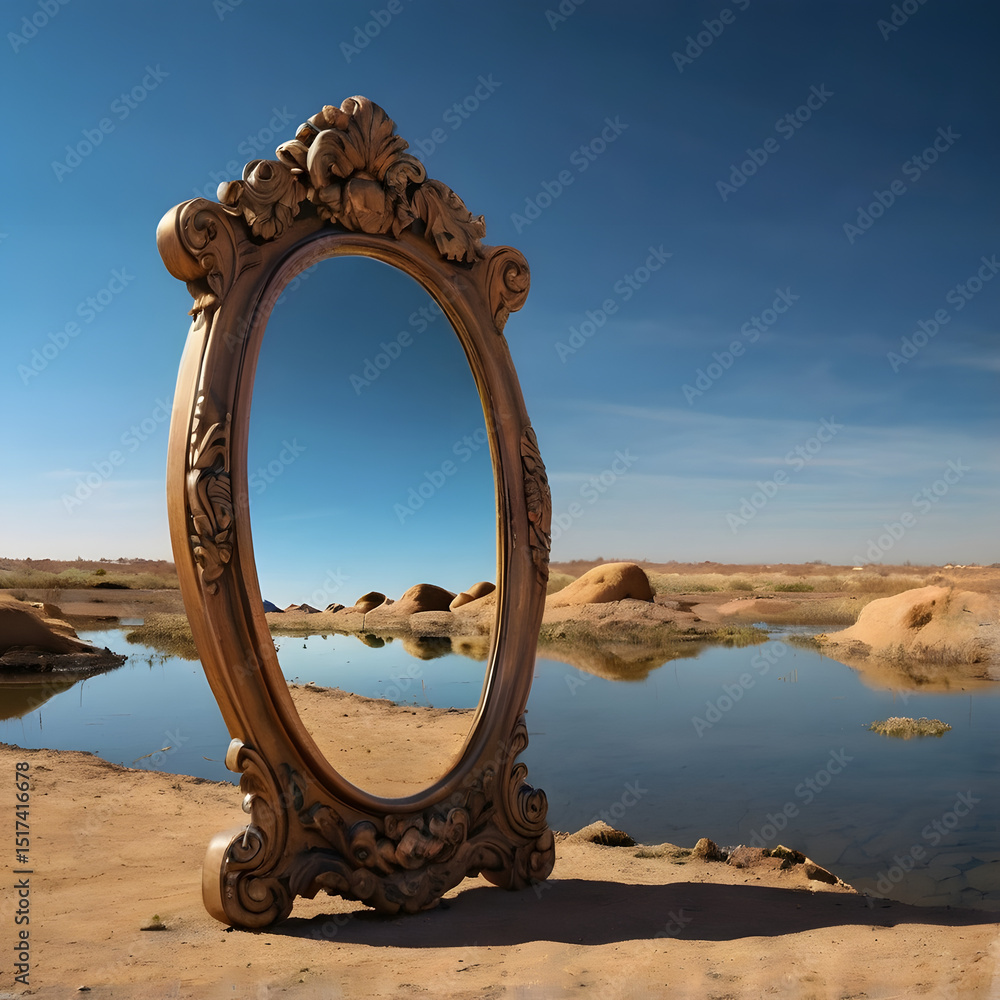 Fototapeta premium Mirror of the Desert: A beautifully crafted antique mirror stands upon the shoreline, with a serene desert landscape reflecting within its frame.
