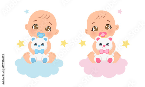 Cute baby boy and girl gender reveal with teddy bear clipart