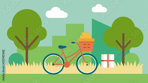 Bicycle Delivery A bicycle with a large wicker basket full of packages parked next to a lush park scene emphasizing ecoconscious delivery ods.