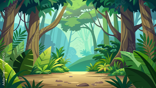 Lush Jungle Landscape. Serene Forest Path. Tropical Greenery