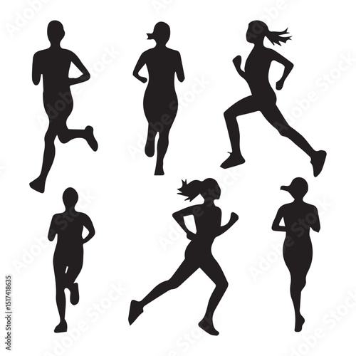 Female runners in various poses against a plain background. Dynamic action shots of women running in different strides.