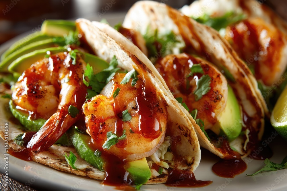 Three shrimp tacos on a plate, garnished with avocado, cabbage, and a rich sauce Three shrimp tacos on a plate, garnished with avocado, cabbage, and a rich sauce