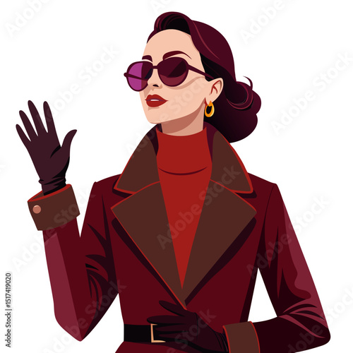 Stylish Woman Hailing a Taxi in Burgundy Coat and Sunglasses Vector Illustration