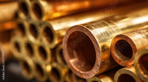 Close-up of stacked brass or copper pipes
