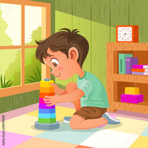 Little Kid Building Colorful Tower
