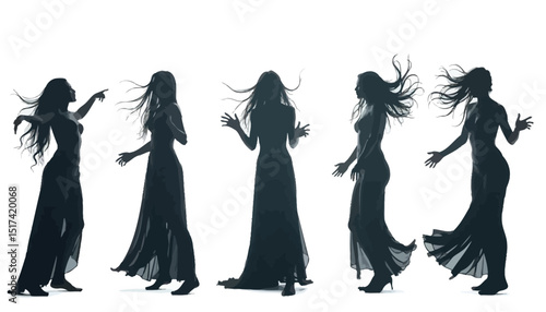 Ethereal Silhouettes: Five Women in Flowing Gowns, Expressing Motion and Mystery on White.