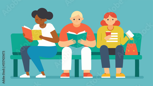 A group of diverse shoppers sharing a bench each engaged in their own activity – one reading a shopping guide another munching on a snack and the third dozing off.