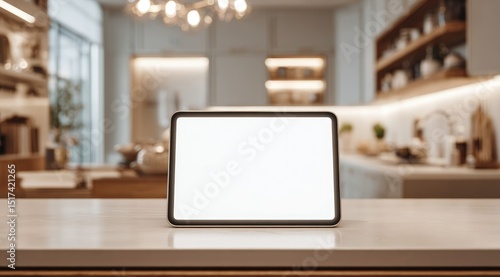 Wallpaper Mural A modern tablet rests on a kitchen counter, displaying a blank screen against a blurred interior Torontodigital.ca