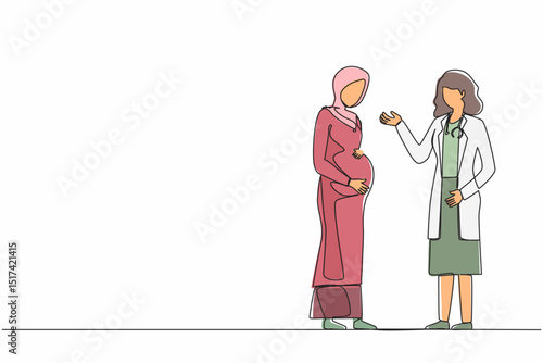 Continuous one line drawing Arab pregnant woman at doctor's appointment. Female expecting baby visits doctor's office, examination during pregnancy. Single line draw design vector graphic illustration